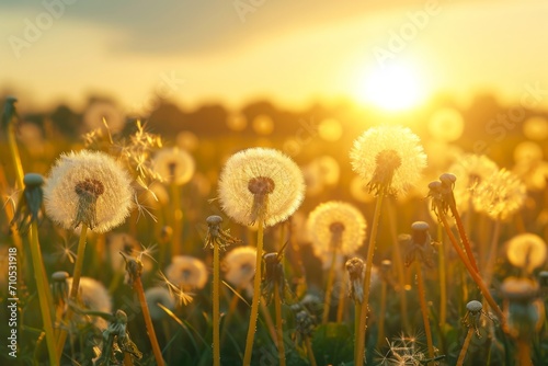 Wild sunbursts of dandelions in field