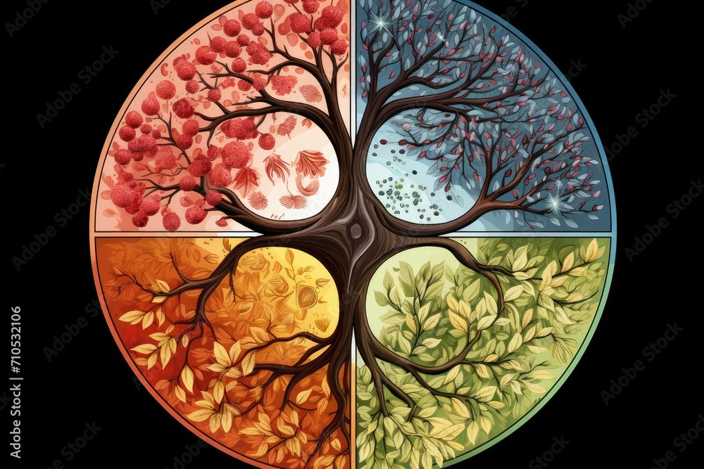 An image showcasing the four distinct sections of a tree, each adorned with a vibrant color, An abstract representation of the four seasons in a circular pattern, AI Generated