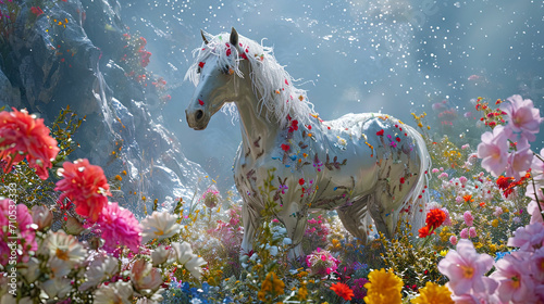 A horse with marble suit, among color spring flowers, creates a scene of delightful natural beauty