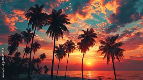 A idyllic sunset with palm trees  where fiery shades go into the soft twilight of a tropical eveni