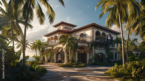 A large house in a colonial style, surrounded by high palm trees, with a panoramic view of the coa photo