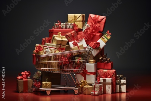 A shopping cart bursting with an array of festive presents, An abundance of well-wrapped gifts in a shopping cart, AI Generated