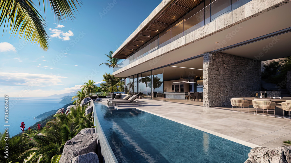 A luxurious mansion towering above the coastline, with an extensive terrace and infinity pool - obrazy, fototapety, plakaty 