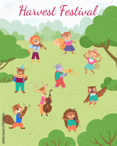 Animal party vector illustration. Creatures gather for festive animal party  turning meadow into entertainment haven The birthday party in woods is cheerful celebration. Harvest festival