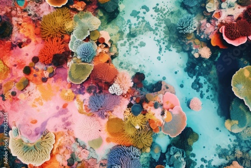 Capture the vivid beauty of a diverse and colorful coral reef as seen from above, An aerial view of a vibrant coral reef, AI Generated © Iftikhar alam