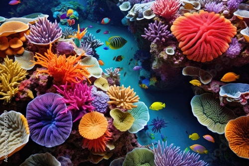 This vibrant and diverse coral reef showcases a stunning variety of different corals, An aerial view of a vibrant coral reef, AI Generated