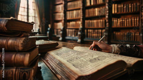 A person studying historical documents and manuscripts in a special archive of the library