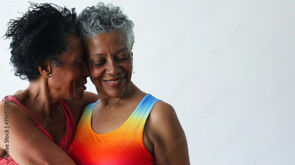 Happy older lesbian women hugging. Colorful T-shirts. Light background. Pride concept. Generative AI - obrazy, fototapety, plakaty 