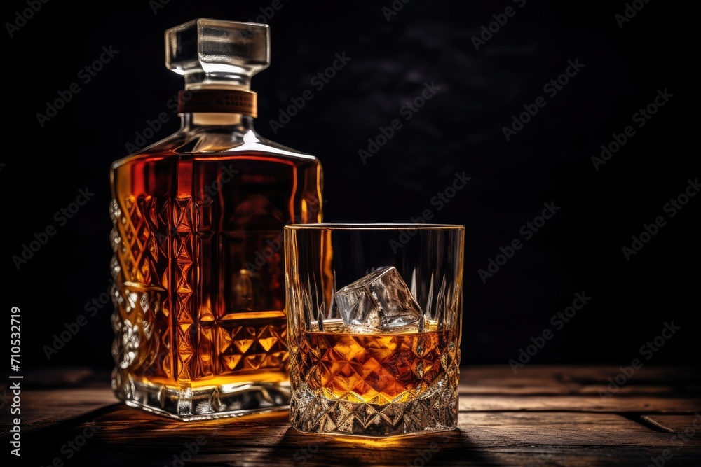 A classic arrangement with a bottle of whiskey and a glass on a table, inviting you to unwind and enjoy a leisurely evening, An aged bottle of whiskey with a filled glass beside, AI Generated A classic arrangement with a bottle of whiskey and a glass on a table, inviting you to unwind and enjoy a leisurely evening, An aged bottle of whiskey with a filled glass beside, AI Generated