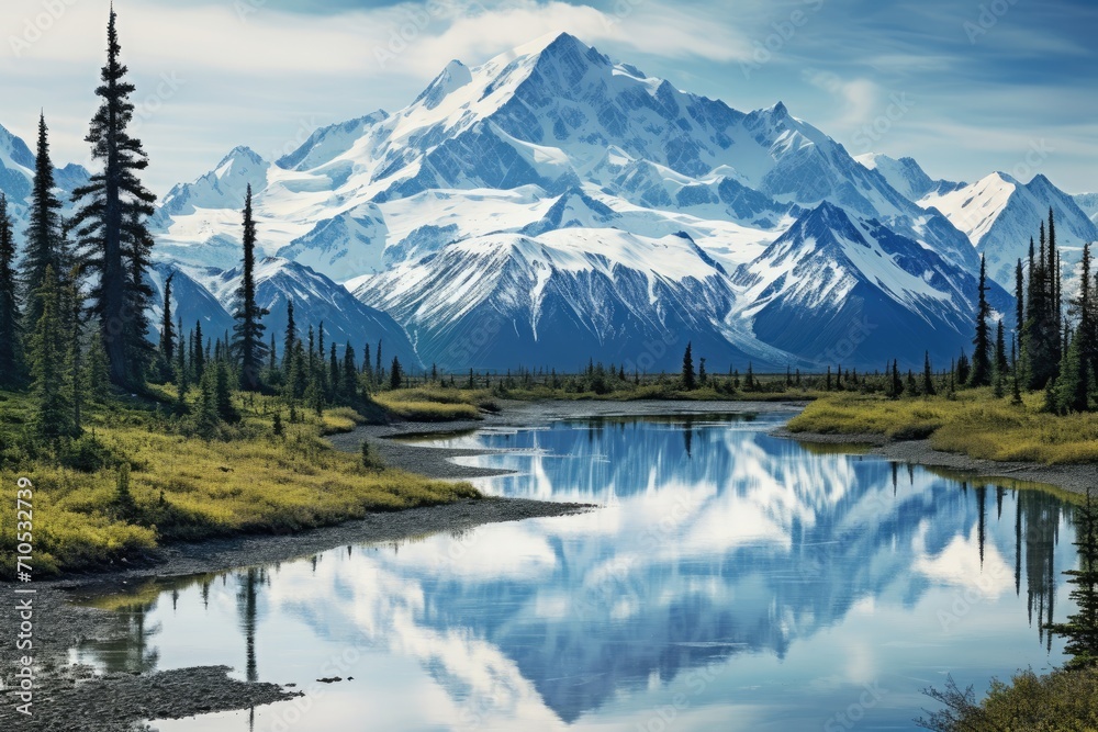 A beautiful painting depicting a grand mountain range with a river flowing in the foreground, An Alaskan landscape with snow-covered mountains and a tranquil lake, AI Generated