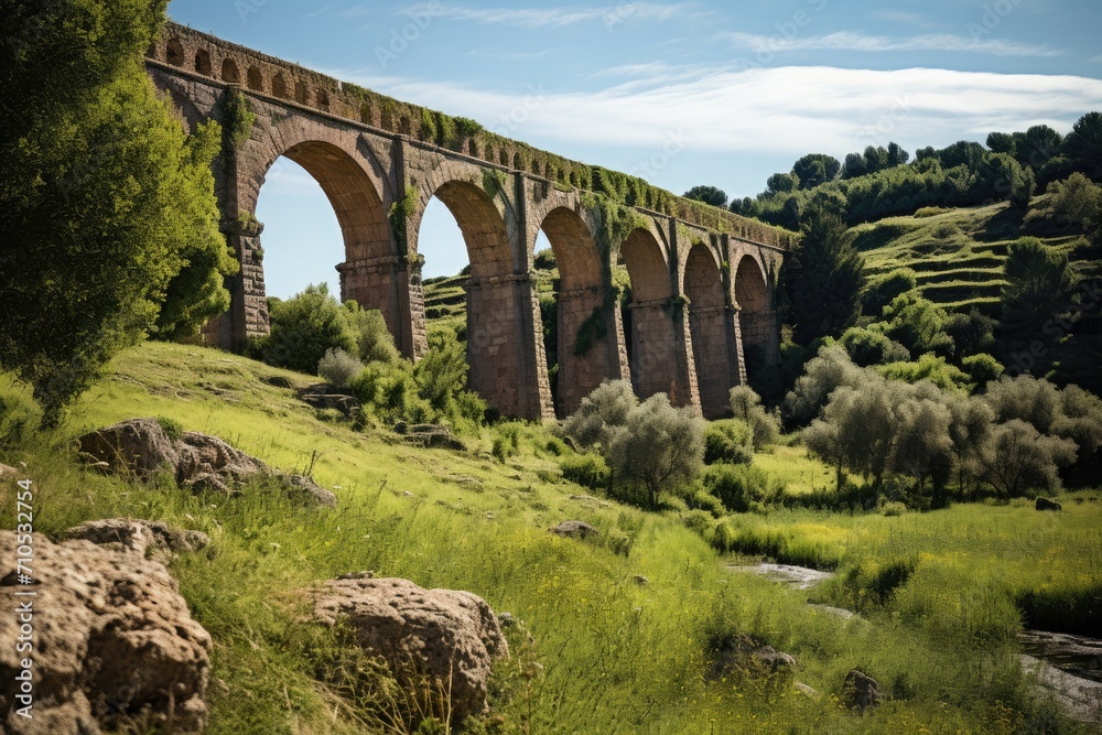 This stunning image captures the beauty of a large stone bridge stretching over a lush green field, An ancient aqueduct in a lush landscape, AI Generated