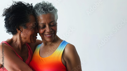 Happy older lesbian women hugging. Colorful T-shirts. Light background. Pride concept. Generative AI photo