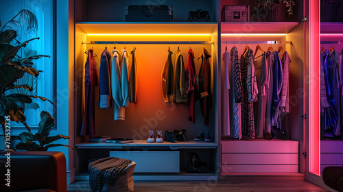 A photograph of a stylish wardrobe with bright multi colored lighting, creating an atmosphere of f