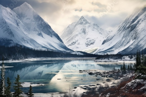 A serene lake nestled amidst snow-covered mountains, offering a picturesque view of natural beauty and tranquility, An Alaskan landscape with snow-covered mountains and a tranquil lake, AI Generated © Iftikhar alam