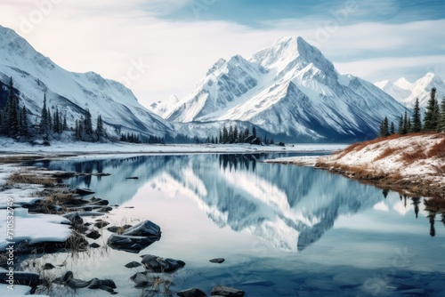 A captivating painting showcasing a snowy mountain range with a serene lake in the foreground, An Alaskan landscape with snow-covered mountains and a tranquil lake, AI Generated © Iftikhar alam