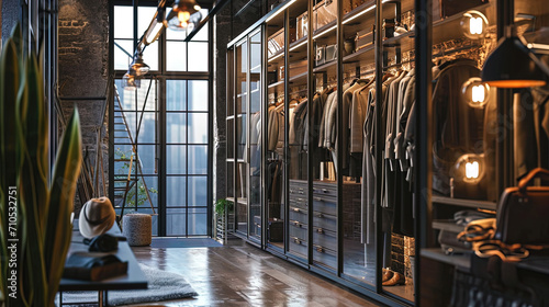 A photograph of a wardrobe in the style of loft with metal hangers and industrial decor elements photo