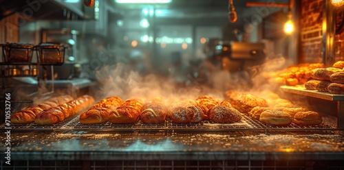 baking machine and rack of breads, dreamlike quality, dark orange and silver, emphasis on mood and atmosphere, weathercore, clear edge definition photo