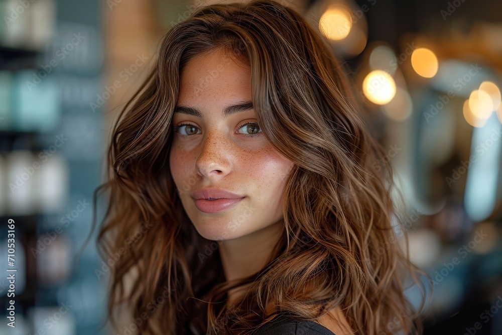 brunette woman hairdresser having her hair styled in a beauty salon, ambitious brunette woman hairdresser having her hair styled in a beauty salon, ambitious