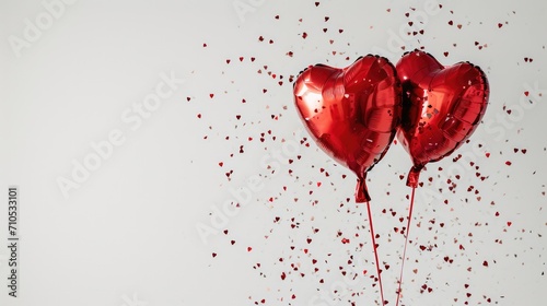 Generative AI, Foil red balloons in heart shape and confetti for Valentine's day or wedding with copy space