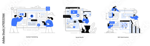 SEO optimization and social media content marketing set. SEO optimization for marketing social media website. Seo interface for website strategy and research planing. SMM, digital marketing, search