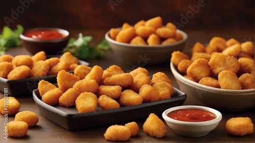 Showcase the crispy and bite-sized perfection of chicken nuggets. Highlight their golden-brown exterior and the various dipping sauces that accompany them. - Generative AI