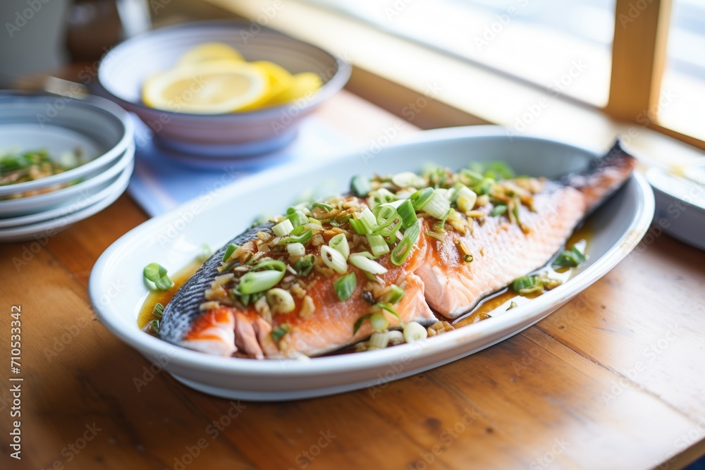asian-style baked salmon with ginger and green onions asian-style baked salmon with ginger and green onions