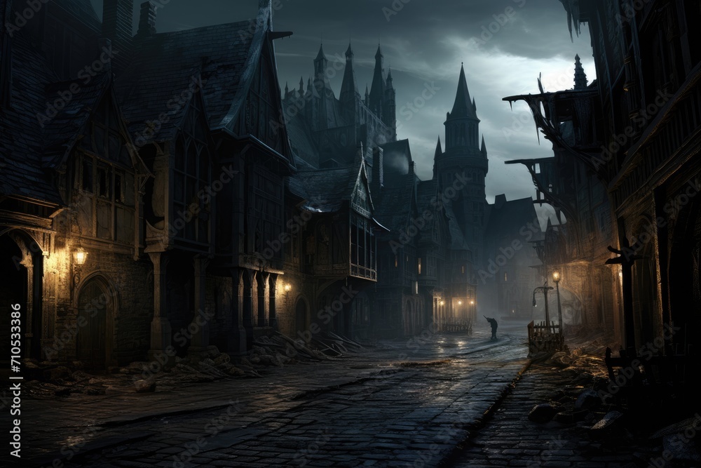 A lone individual is seen traversing a dimly lit city street, surrounded by shadows, as night falls, An ancient cityscape with cobblestone streets and Gothic architecture, AI Generated A lone individual is seen traversing a dimly lit city street, surrounded by shadows, as night falls, An ancient cityscape with cobblestone streets and Gothic architecture, AI Generated
