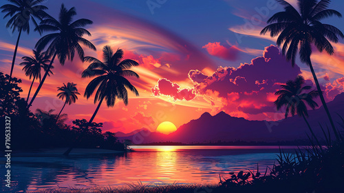 A tropical landscape with palm trees surrounded by cocktail colors of the setting sun