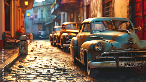A vintage background with retro cars and old gas stones on the street photo