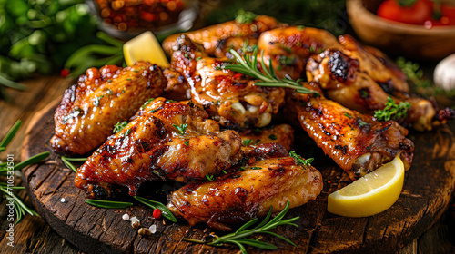 Baked chicken wings with fragrant herbs, lemon and garlic, create a delicious visual image
