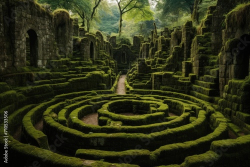 Discover the thrill of navigating through a complex maze hidden in the heart of a lush forest  An ancient labyrinth with tall  moss-covered stone walls  AI Generated