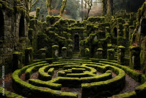 Discover a captivating maze nestled in the heart of a lush forest, An ancient labyrinth with tall, moss-covered stone walls, AI Generated