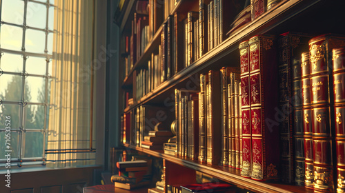 Books in binders of red velvet with gold frills, standing in glass windows of the library