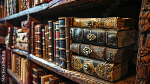 Books in Black leather bindings with silver locks, exhibited in the ancient cabinets of the librar
