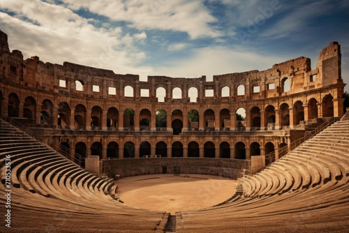 Witness the beauty and grandeur of an old Roman amphitheater bathed in sunlight, capturing the essence of ancient Rome, An ancient Roman amphitheater standing tall and proud, AI Generated