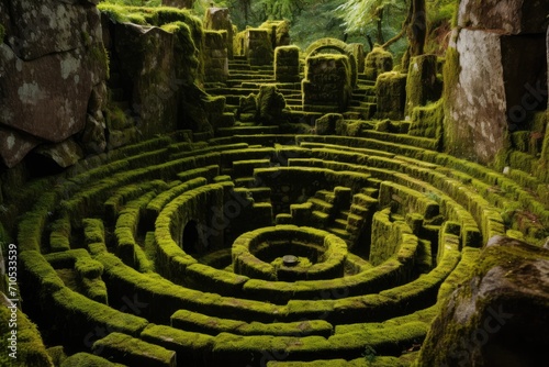 Get lost in the challenge of navigating through the circular maze amidst the serene forest  An ancient labyrinth with tall  moss-covered stone walls  AI Generated