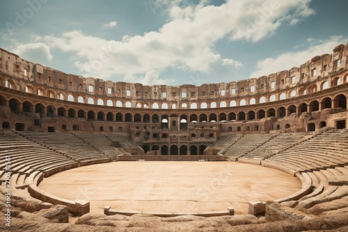 An abandoned Roman amphitheater, its stone rows and stage devoid of people, under a picturesque sky, An ancient Roman amphitheater standing tall and proud, AI Generated