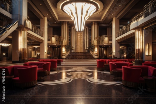 A grand lobby showcasing red chairs and an elegant chandelier, creating a welcoming ambiance for guests, An Art Deco style cinema in a cosmopolitan city, AI Generated photo