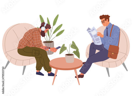 Group of people in waiting hall. Rest in expectation. Man sitting on couch with newspaper, drinking coffee. Interior of house or hotel. People in hospital or at public laundry, visitors communicate