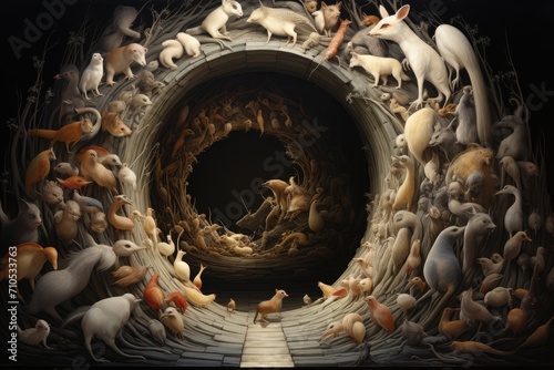 A collection of various animals gathered inside a tunnel, An art piece depicting animals creating complex tunnels, AI Generated photo