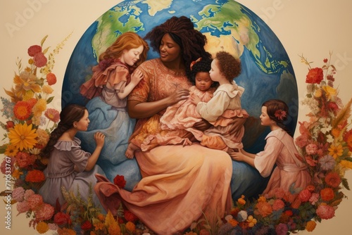 Painting of Woman Holding Two Children, Motherly Love Captured in Art, An artful representation of the world globe portraying diverse mothers with their children celebrating Mothers Day, AI Generated