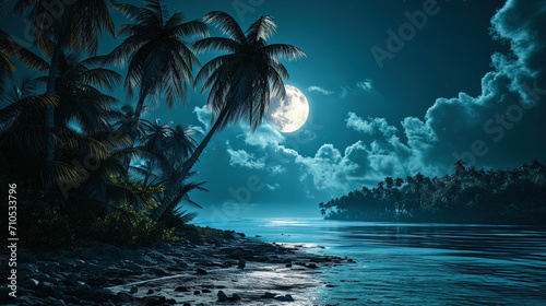 Coastal palm trees lit by the light of the moon create a mysterious and romantic evening mood