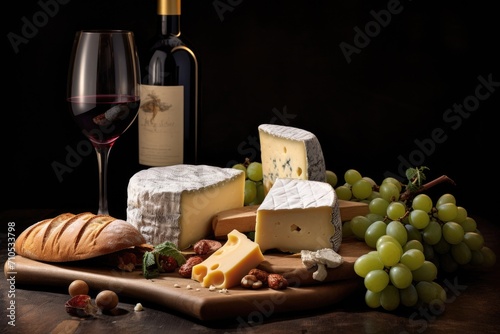 A beautiful wooden board topped with a variety of delicious cheeses and accompanied by a glass of wine, An assortment of cheese with a bottle of wine, AI Generated