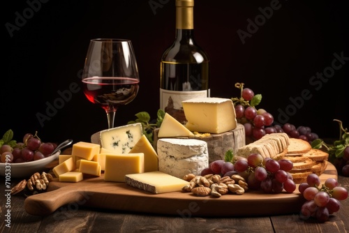 A still life composition featuring a wine glass, cheese, nuts, and a bottle of wine on a wooden table, An assortment of cheese with a bottle of wine, AI Generated