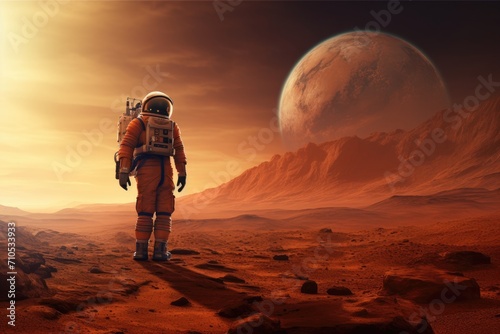 A lone astronaut in a bright orange space suit stands on a rugged and rocky alien landscape, An astronaut exploring the surface of Mars, AI Generated