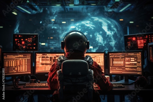 A man sits at a desk with multiple computer monitors in front of him, focused and engaged, An astronaut communicating with the control room, AI Generated