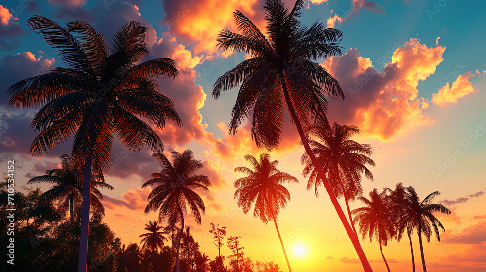 Exotic tropical sunset, where palm trees are cast with shades of fire in the last rays of the sun