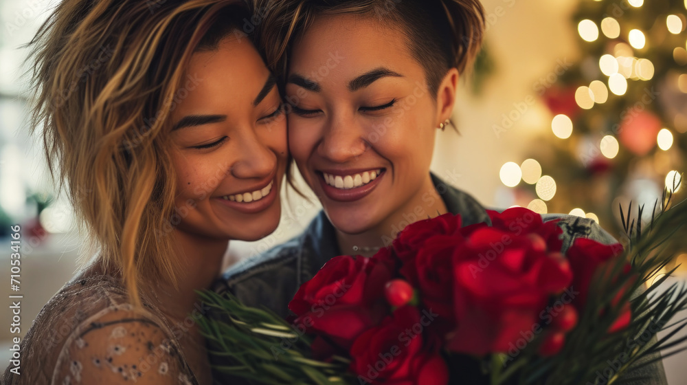 Close up of happy young lesbian couple together holding flowers. Engagement celebration. Pride concept. Generative AI Close up of happy young lesbian couple together holding flowers. Engagement celebration. Pride concept. Generative AI