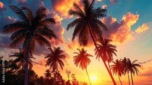 Exotic tropical sunset, where palm trees are cast with shades of fire in the last rays of the sun