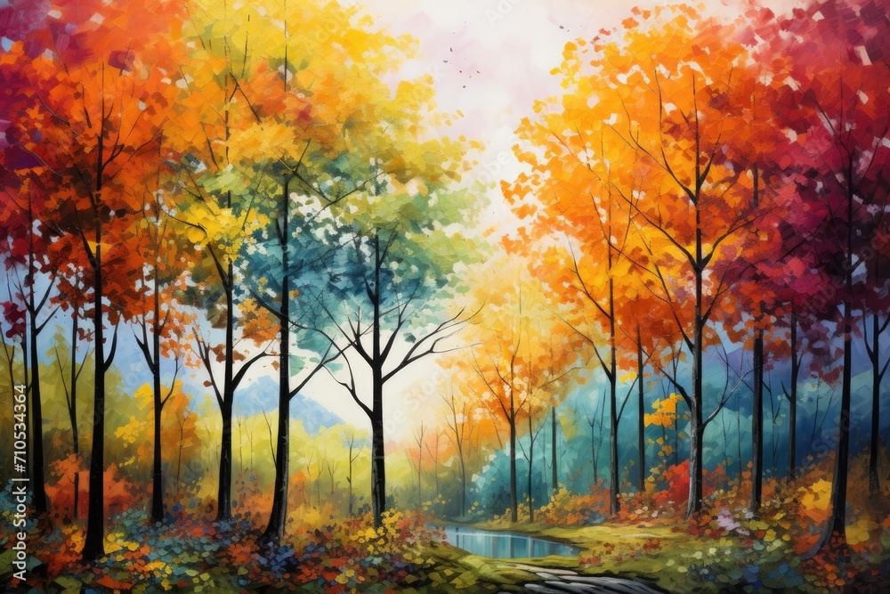 Vibrant Painting Depicting a Colorful Forest With Majestic Trees, An autumn landscape showing trees covered in bright, vibrant leaves, AI Generated